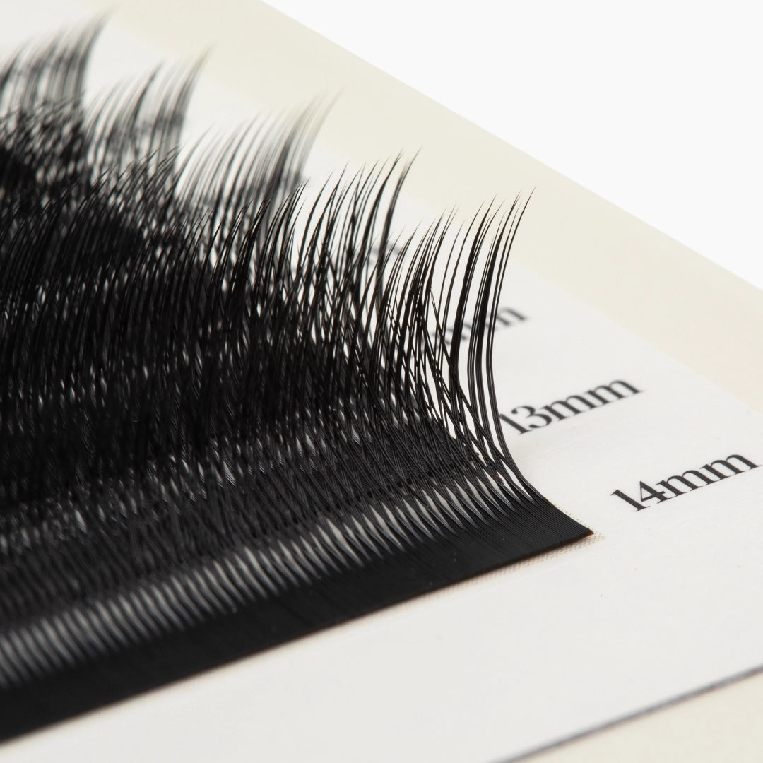 Photo macro de fibres d'extensions de cils Kitten noires sur une bande de cils, montrant la courbure et les longueurs