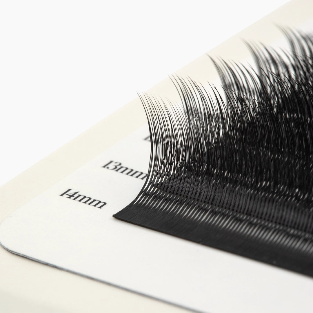 Vue latérale en macro d'extensions de cils Kitten noires mettant en évidence leurs pointes fines, leur courbure et leur finition douce