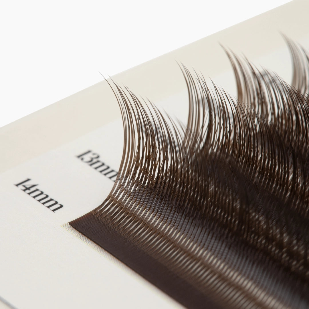 Gros plan de fibres d’extensions de cils Kitten marron sur des bandes de 13 mm et 14 mm, montrant leur courbure et leur texture fine.