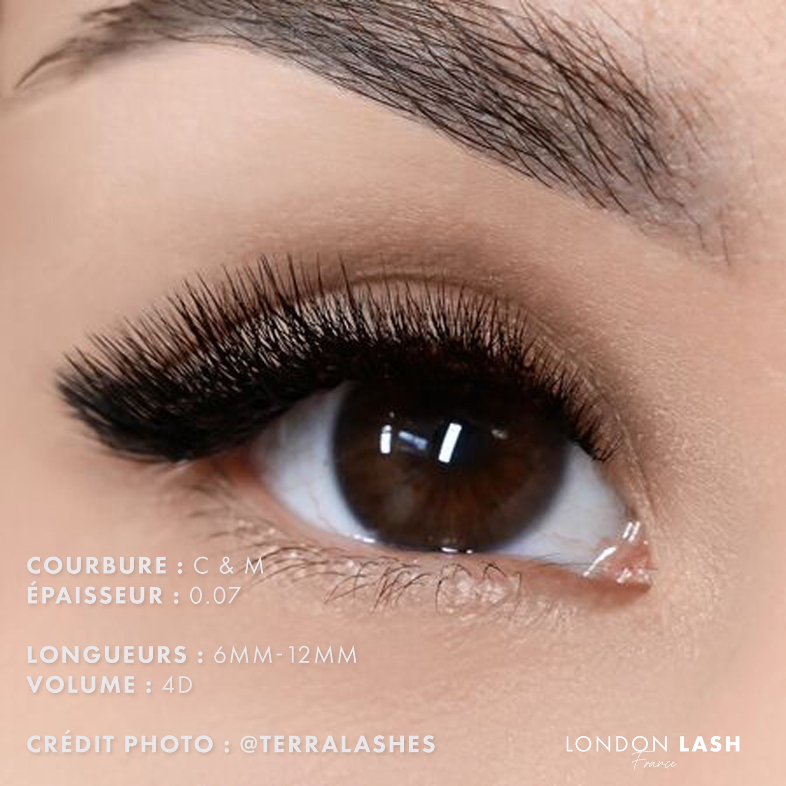 extensions de cils volume Mayfair 0.07 sur un œil avec courbure C et M, épaisseur 0.07 et volume 4D.
